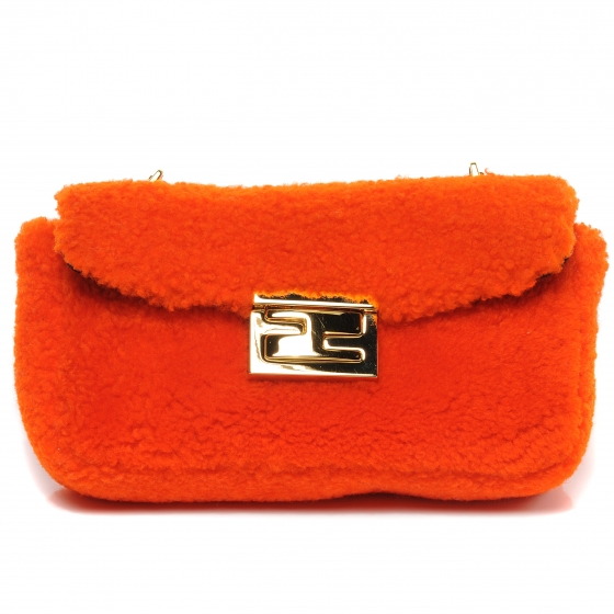 FENDI Shearling Mini Be Baguette Shoulder Bag Orange 54173
