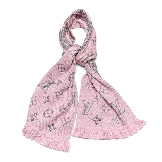Pale pink and rose gold Louis Vuitton Logomania wool scarf with monogram  pattern throughout and fringe edges.