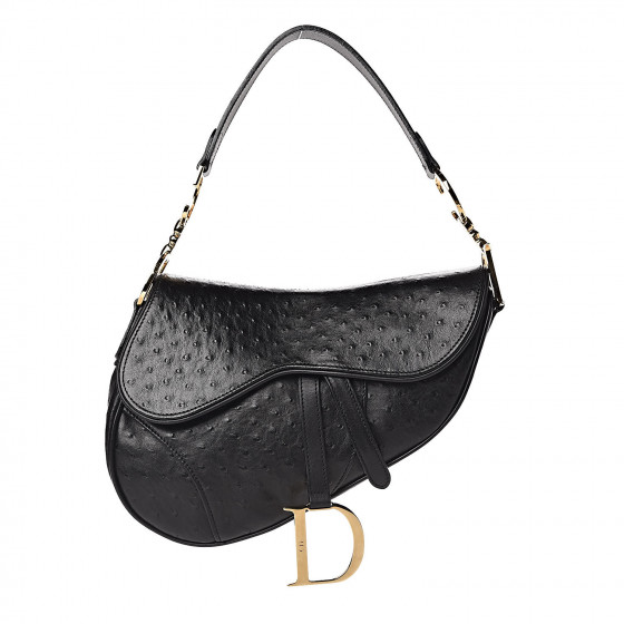 CHRISTIAN DIOR Ostrich Saddle Bag Black 471096