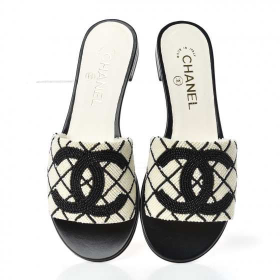 CHANEL Pearl Embroidery Flat Sandals 37 White Black 732812 | FASHIONPHILE