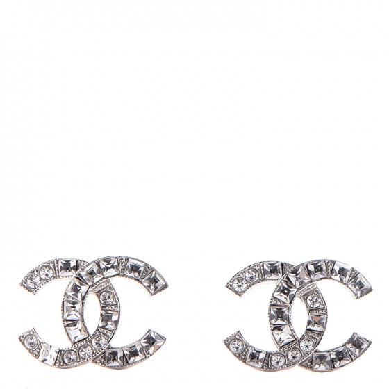 Chanel Crystal Baguette Cc Dangle Earrings Silver 594325