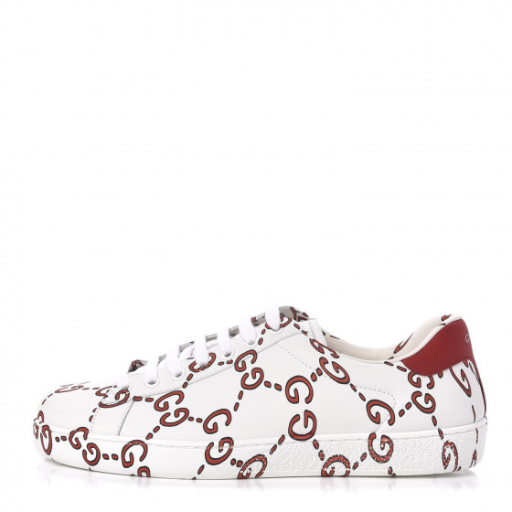 GUCCI Calfskin GucciGhost Print Mens Ace Sneakers 7 White Hibiscus Red ...