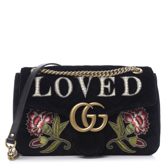 GUCCI Velvet Pearl Embroidered Medium Marmont Shoulder Bag Black 671900 ...