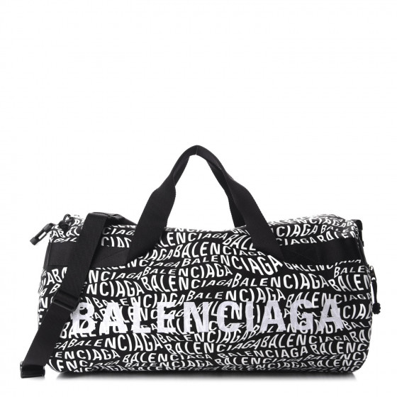 BALENCIAGA Nylon Logo Print Wheel Gym Bag Black 671447 | FASHIONPHILE
