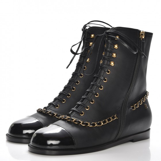 chanel lace up boots black