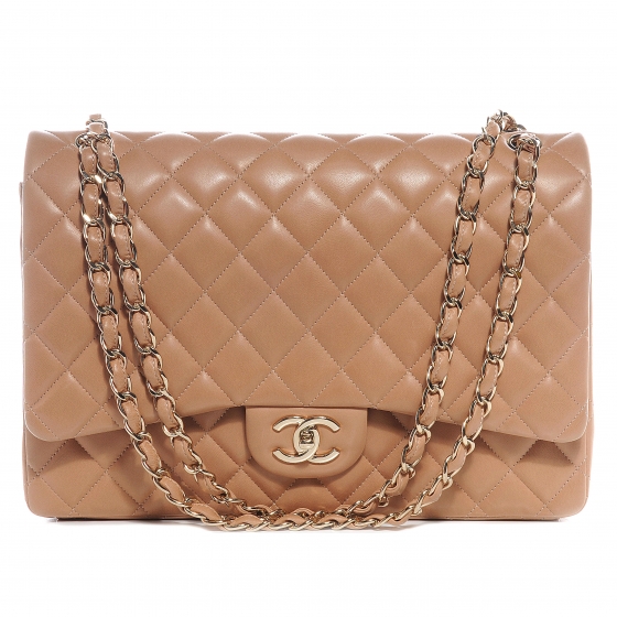 CHANEL Lambskin Quilted Maxi Double Flap Beige 56026