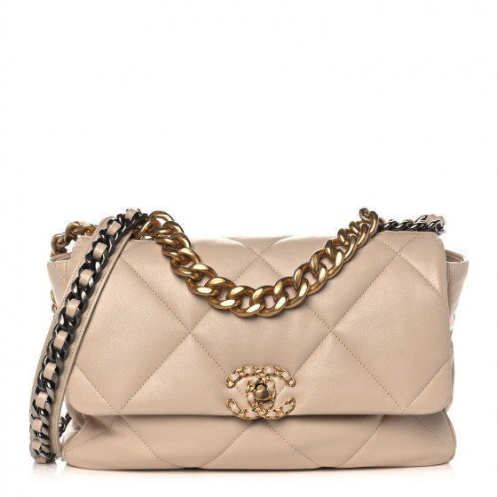 CHANEL Lambskin Quilted Large Chanel 19 Flap Beige