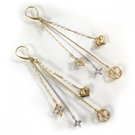 LOUIS VUITTON 18k Yellow White Gold Pearl Dangle Earrings 17253