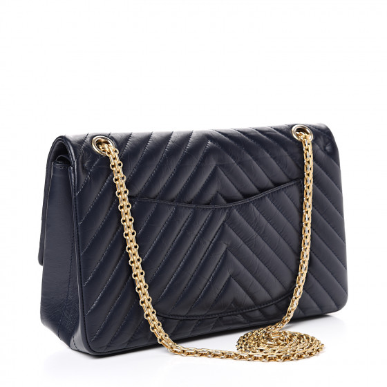 CHANEL Aged Calfskin Chevron Quilted 2.55 Reissue 226 Flap Navy Blue 544031