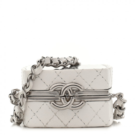 CHANEL Patent Goatskin Quilted Clutch With Chain White