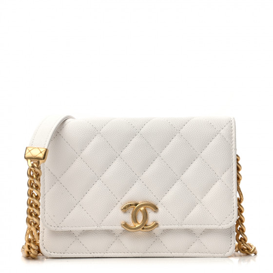 CHANEL Caviar Quilted Large Bracelet On Chain Clutch White