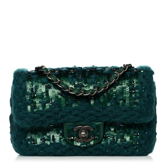 CHANEL Tweed Braid Sequin Mini Flap Green | FASHIONPHILE