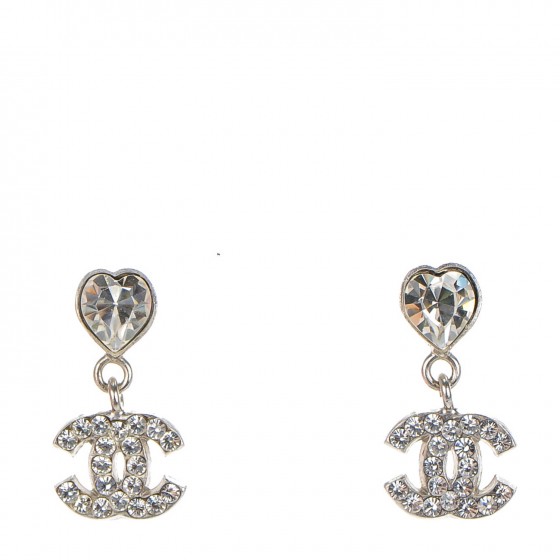 CHANEL Crystal Heart CC Drop Earrings Silver 142882