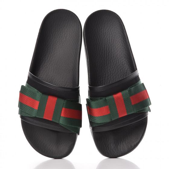 GUCCI Satin Web Bow Slide Sandals 38 Black 481507 | FASHIONPHILE