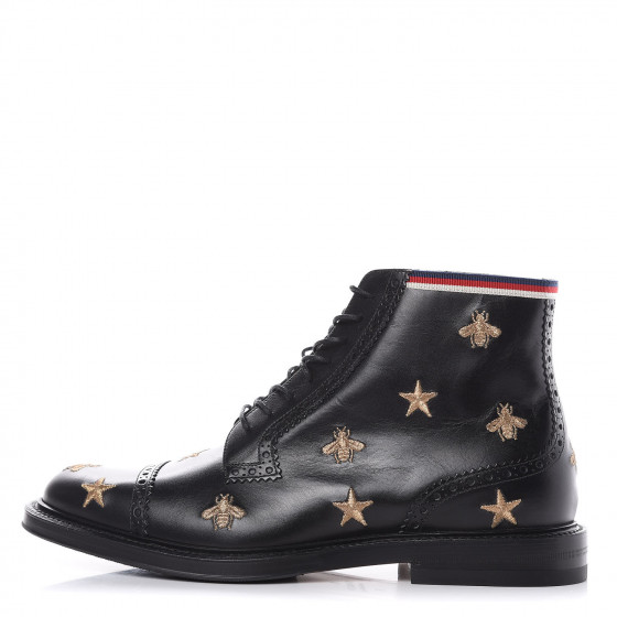 GUCCI Calfskin Mens Embroidered Bee Star Brogue Boots 7 Black 402700