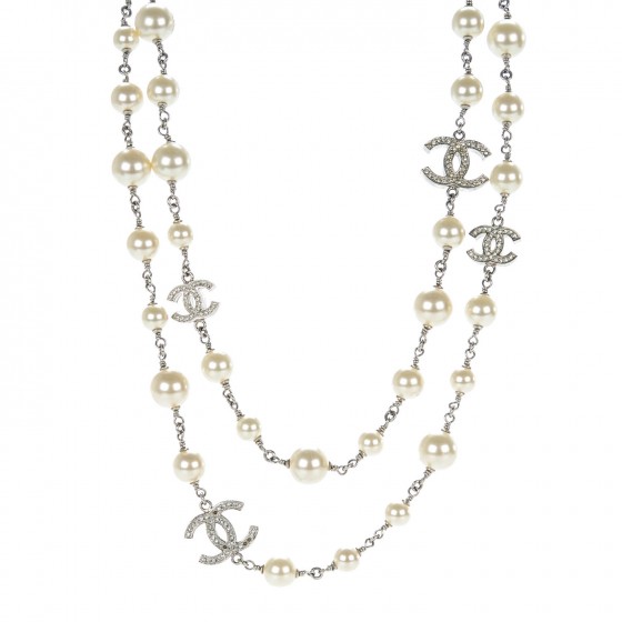 CHANEL Crystal Pearl CC Long Necklace Silver 140994