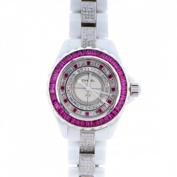 CHANEL Ceramic Diamond Ruby 33mm J12 Quartz Watch White 136904