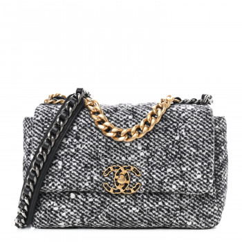 CHANEL Tweed Quilted Medium Chanel 19 Flap Black White