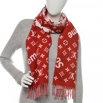 LOUIS VUITTON X Supreme Cashmere Wool Monogram Scarf Red 194208