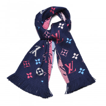 LOUIS VUITTON Wool Silk Rainbow Logomania Scarf Navy 542647