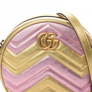 GUCCI Laminate Calfskin Matelasse Mini GG Marmont Round Shoulder Bag Gold Pink 559594
