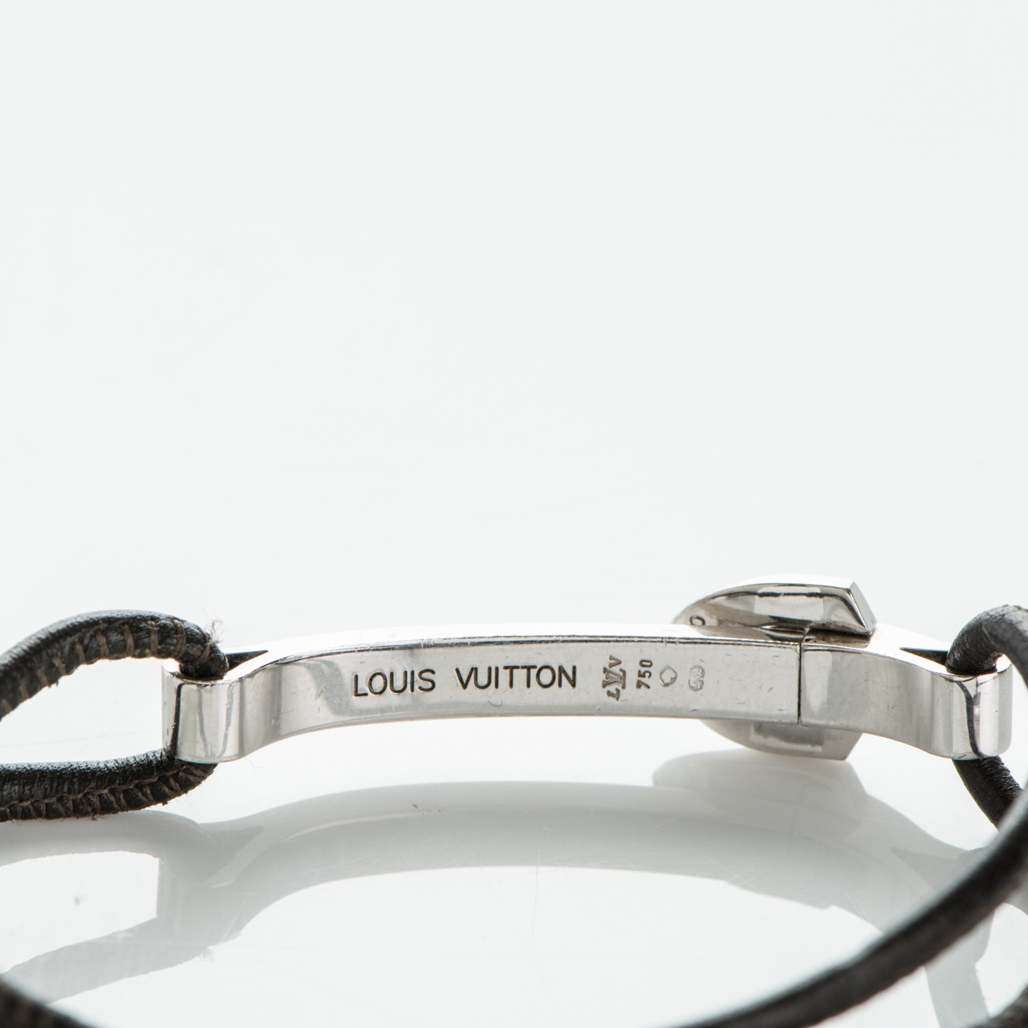 LOUIS VUITTON 18K White Gold Clip Bar Cord Bracelet Black 178777