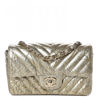 Patent Metallic Crumpled Calfskin Chevron Quilted Mini Rectangular Flap Gold