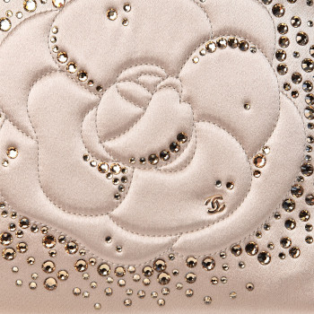 CHANEL Satin Diamante Camellia Evening Clutch Bag Light Beige 519664