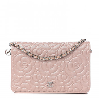 CHANEL Goatskin Camellia Embossed Wallet On Chain WOC Light Pink 556406