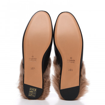 GUCCI Calfskin Fur Womens Princetown Slippers Slides 35.5 Black 553242